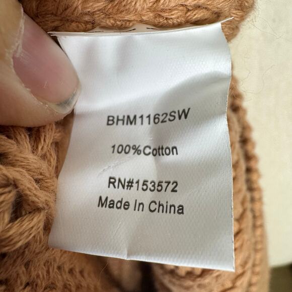 Böhme Chunky Cable Knit Sweater Boho Ruffle Shoulder 100% Cotton Tan Medium - Picture 5 of 7